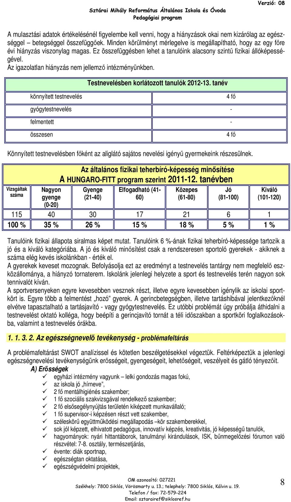 Az igazlatlan hiányzás nem jellemző intézményünkben. Testnevelésben krlátztt tanulók 2012-13.