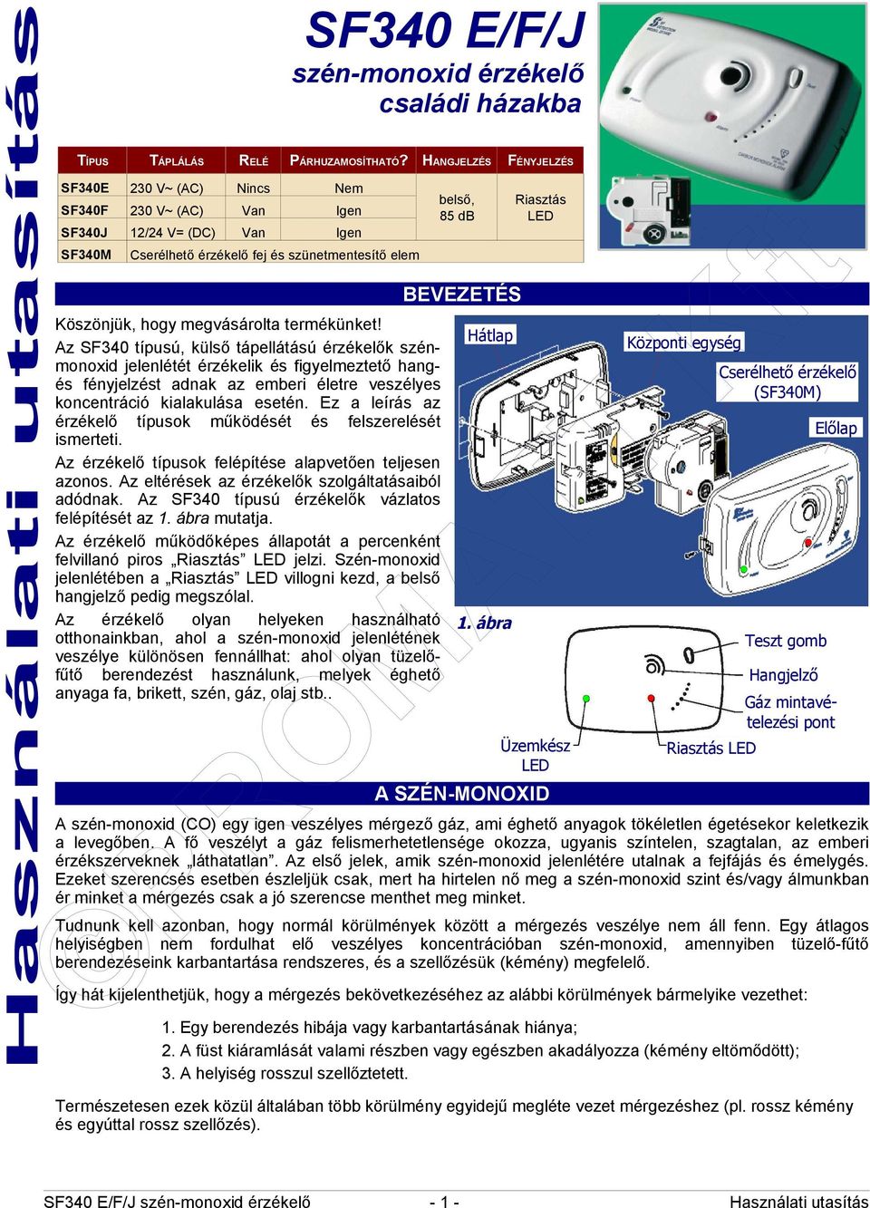 termékünket! Az SF340 típusú, külső tápellátású érzékelők szénmonoxid jelenlétét érzékelik és figyelmeztető hangés fényjelzést adnak az emberi életre veszélyes koncentráció kialakulása esetén.