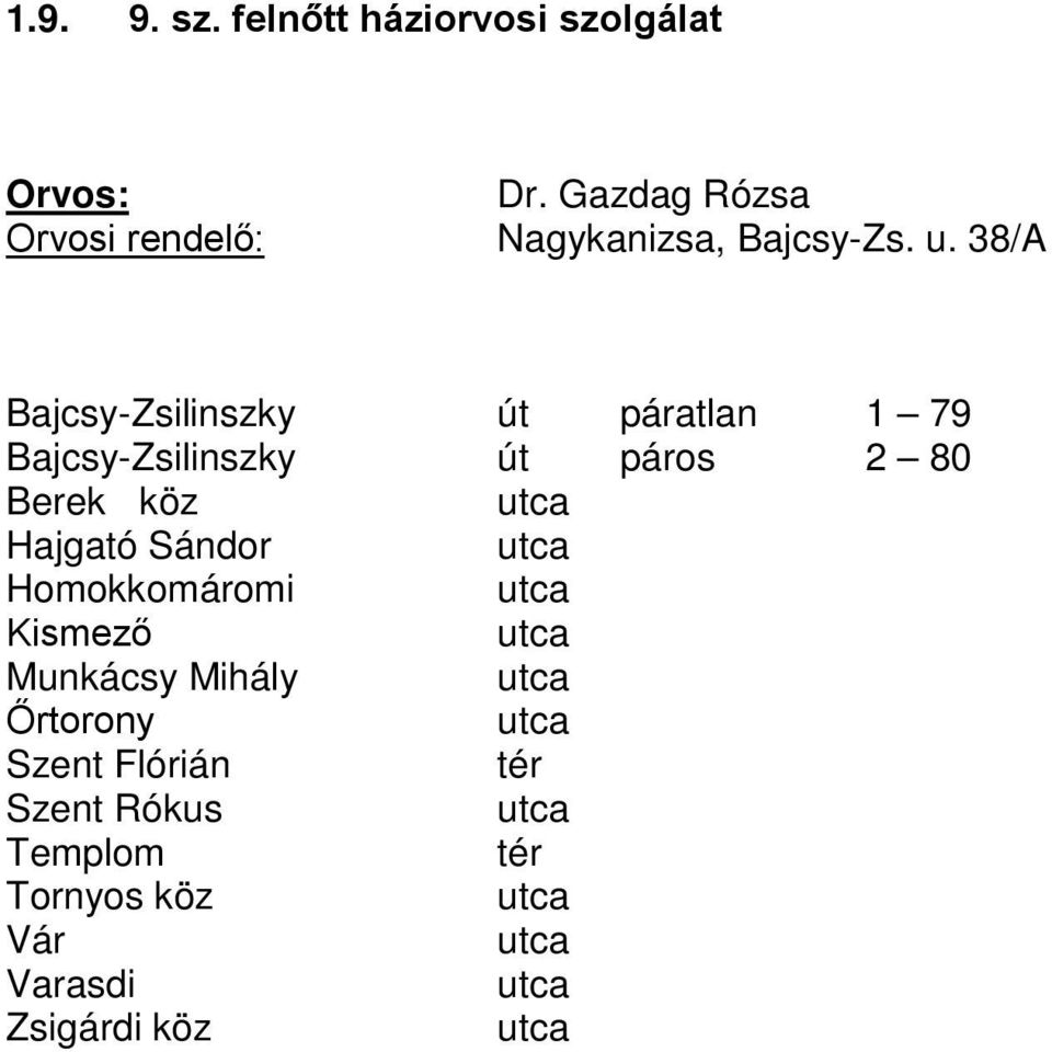 38/A Bajcsy-Zsilinszky páratlan 1 79 Bajcsy-Zsilinszky páros 2 80 Berek köz