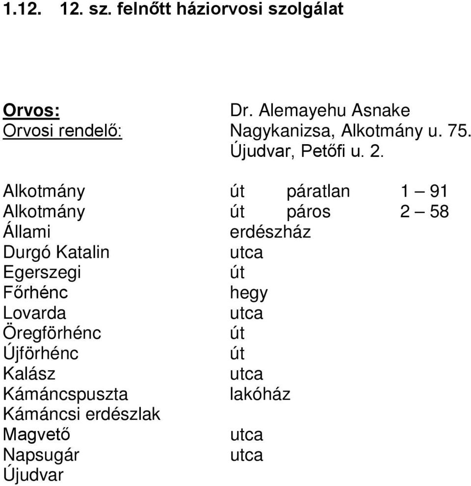 Alkotmány páratlan 1 91 Alkotmány páros 2 58 Állami erdészház Durgó Katalin