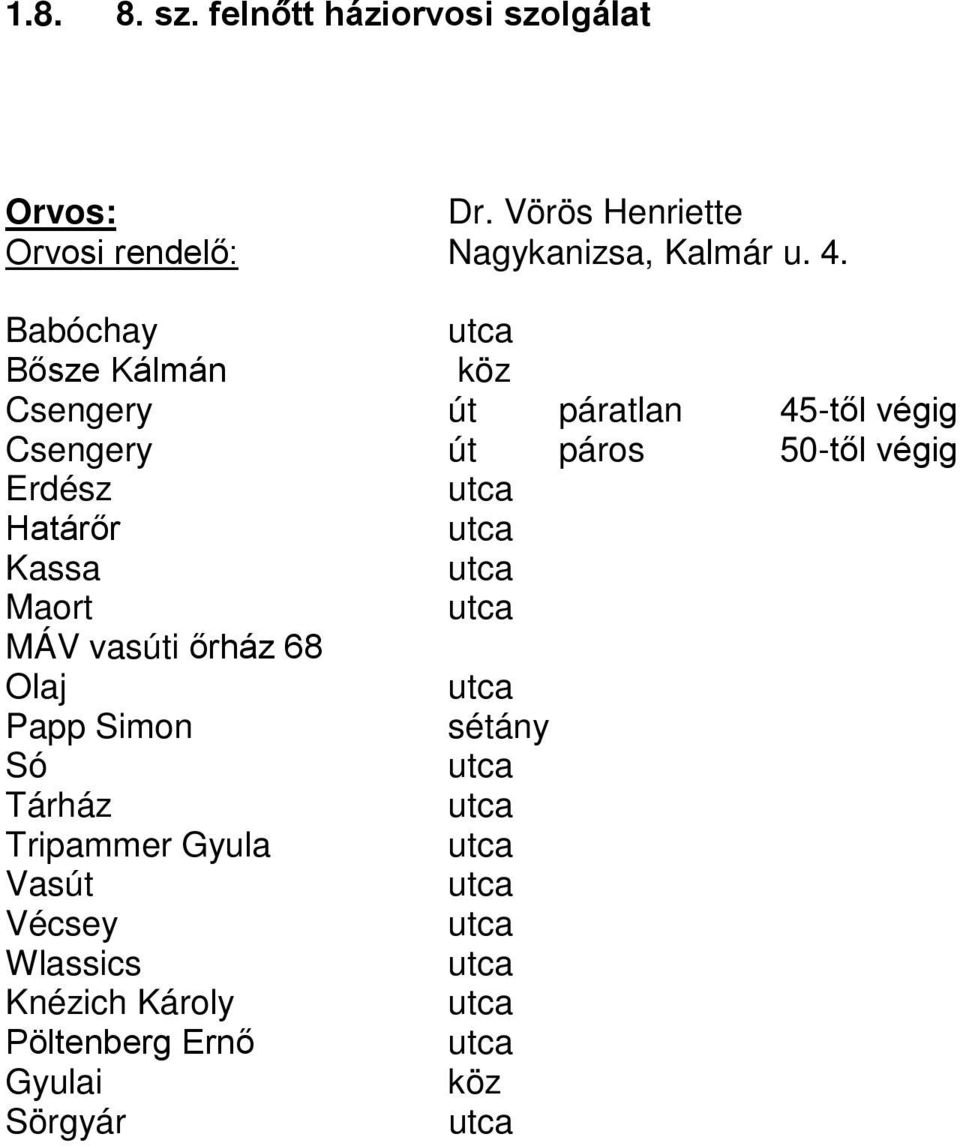 Babóchay Bősze Kálmán köz Csengery páratlan 45-től végig Csengery páros 50-től végig