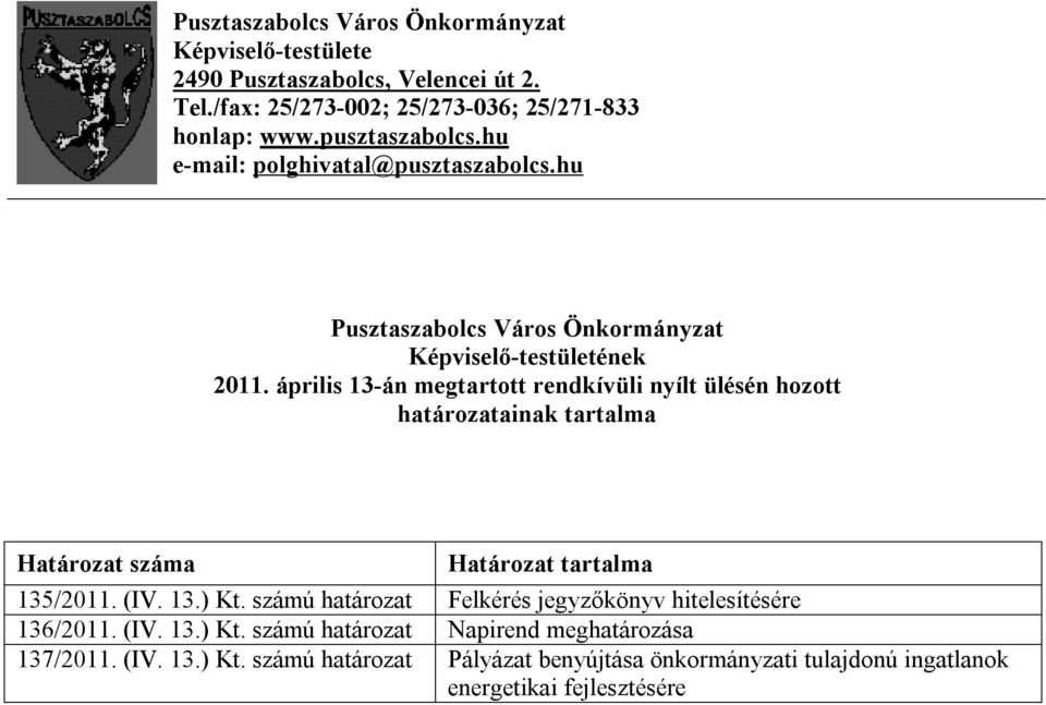 április 13-án megtartott rendkívüli nyílt ülésén hozott határozatainak tartalma Határozat száma Határozat tartalma 135/2011. (IV. 13.) Kt.