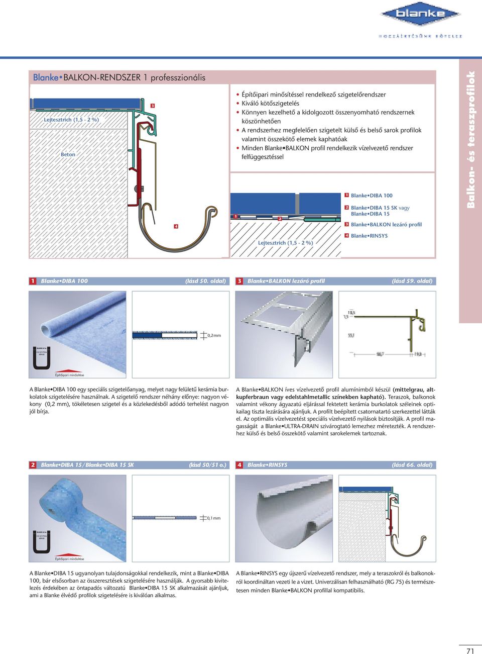 felfüggesztéssel Blanke DIBA 00 Blanke DIBA 5 SK vagy Blanke DIBA 5 3 Blanke BALKON lezáró profil Lejtesztrich (,5 - %) Blanke RINSYS Blanke DIBA 00 (lásd 50.