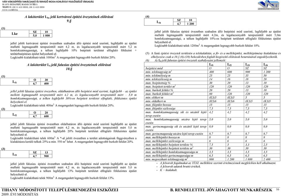 5,2 m homlokzatmagasságú, a telken legfeljebb 10% beépített területet elfoglaló földszint + tetőtérbeépítéses épület helyezhető el. Legkisebb kialakítható telek 1000m 2.