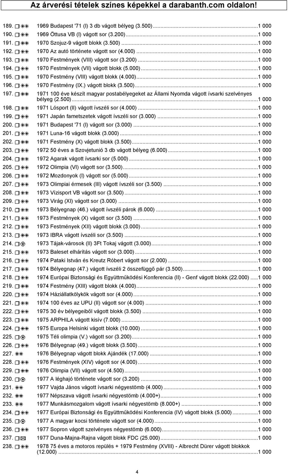000)...1 000 195. 1970 Festmény (VIII) vágott blokk (4.000)...1 000 196. 1970 Festmény (IX.) vágott blokk (3.500)...1 000 197.