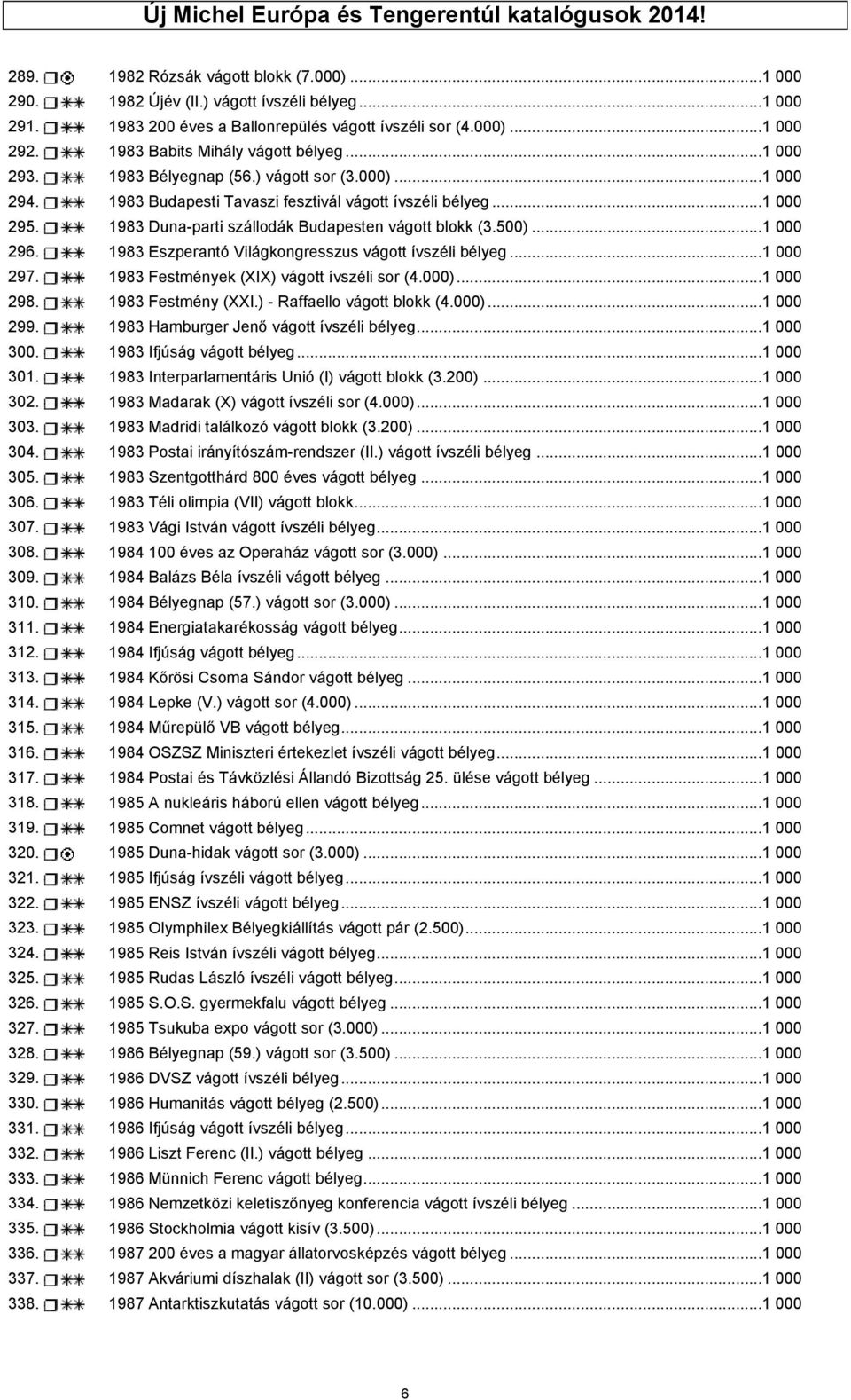 1983 Budapesti Tavaszi fesztivál vágott ívszéli bélyeg...1 000 295. 1983 Duna-parti szállodák Budapesten vágott blokk (3.500)...1 000 296. 1983 Eszperantó Világkongresszus vágott ívszéli bélyeg.