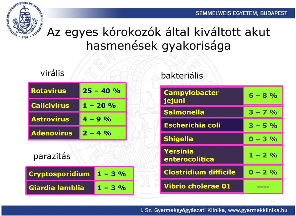 Escherichia coli Shigella 6 8 % 3 7 % 3 5 % 0 3 % parazitás Yersinia enterocolitica 1 2 %