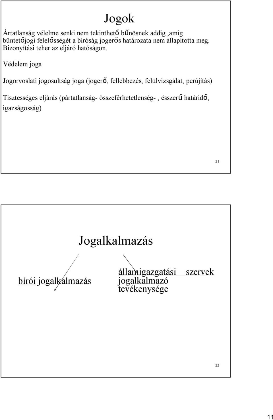 Védelem joga Jogorvoslati jogosultság joga (jogerő, fellebbezés, felülvizsgálat, perújítás) Tisztességes eljárás