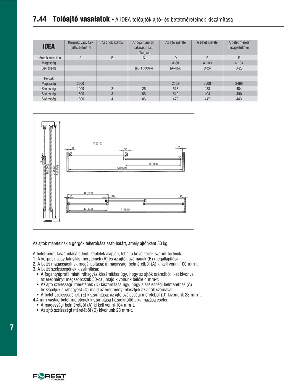 0 E (9) (500) z ajtók méreteinek a görgôk teherbírása szab határt, amely ajtónként 50 kg. betétméret kiszámítása a fenti képletek alapján, tehát a következôk szerint történik:.