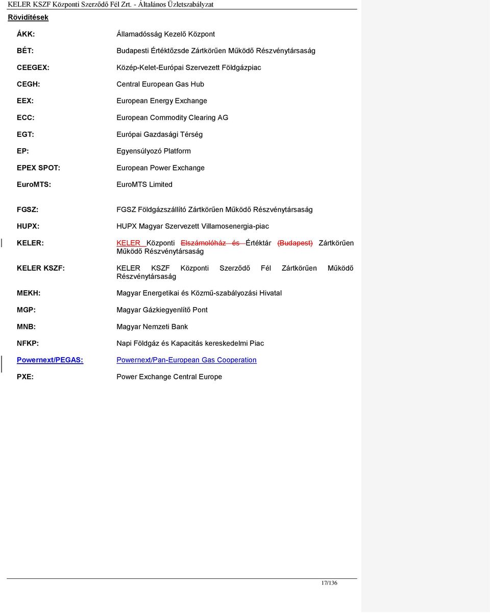 FGSZ Földgázszállító Zártkörűen Működő Részvénytársaság HUPX Magyar Szervezett Villamosenergia-piac KELER Központi Elszámolóház és Értéktár (Budapest) Zártkörűen Működő Részvénytársaság KELER KSZF: