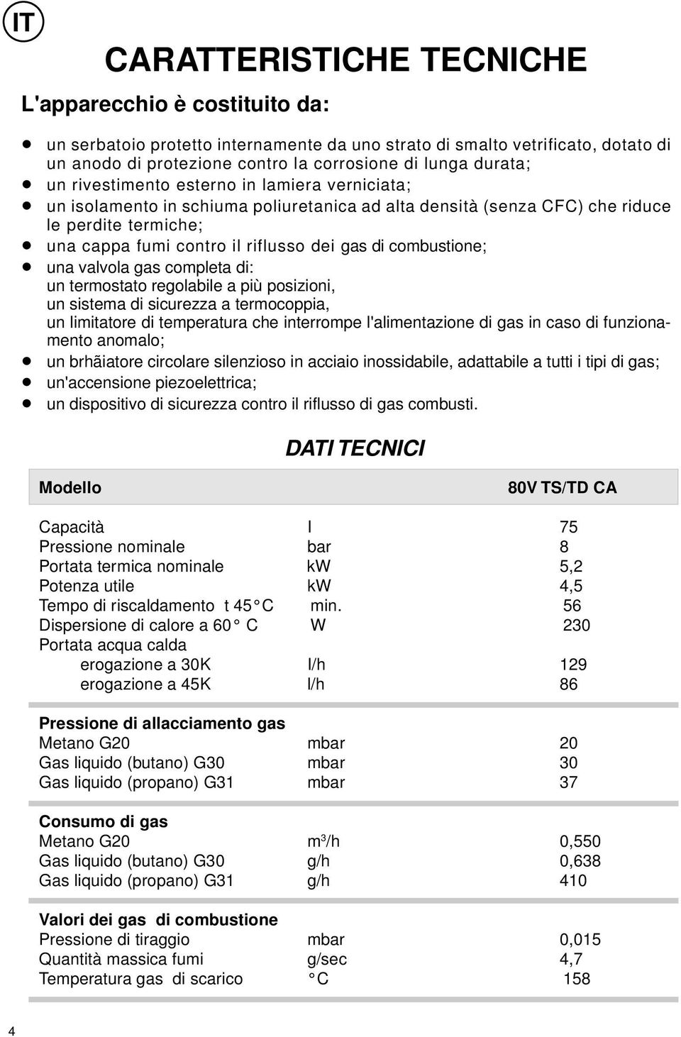 combustione; una valvola gas completa di: un termostato regolabile a più posizioni, un sistema di sicurezza a termocoppia, un limitatore di temperatura che interrompe l'alimentazione di gas in caso