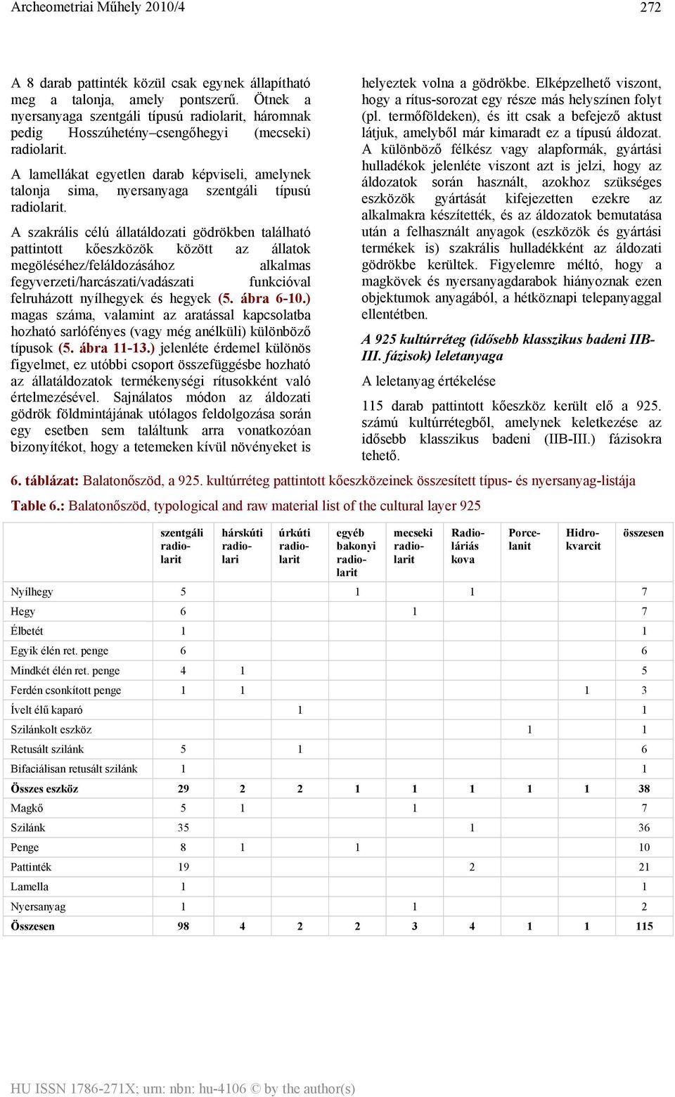 A szakrális célú állatáldozati gödrökben található pattintott kőeszközök között az állatok megöléséhez/feláldozásához alkalmas fegyverzeti/harcászati/vadászati funkcióval felruházott nyílhegyek és