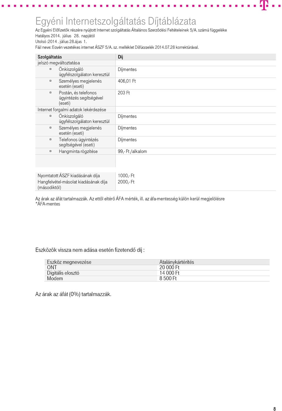 rögzítése 99,- Ft /alkalom Nyomtatott ÁSZF kiadásának díja Hangfelvétel-másolat kiadásának díja (másodiktól) 1000,- Ft 2000,- Ft Az árak az áfát tartalmazzák. Az ettől eltérő ÁFA mérték, ill.