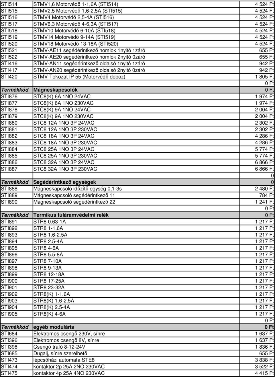 STI522 STMV-AE2 segédérintkező homlok 2nyitó záró 655 Ft STI416 STMV-AN11 segédérintkező oldalsó 1nyitó 1záró 942 Ft STI417 STMV-AN2 segédérintkező oldalsó 2nyitó záró 942 Ft STI42 STMV-Tokozat IP 55