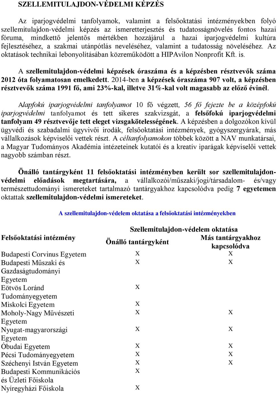 Az oktatások technikai lebonyolításában közreműködött a HIPAvilon Nonprofit Kft. is. A szellemitulajdon-védelmi képzések óraszáma és a képzésben résztvevők száma 2012 óta folyamatosan emelkedett.