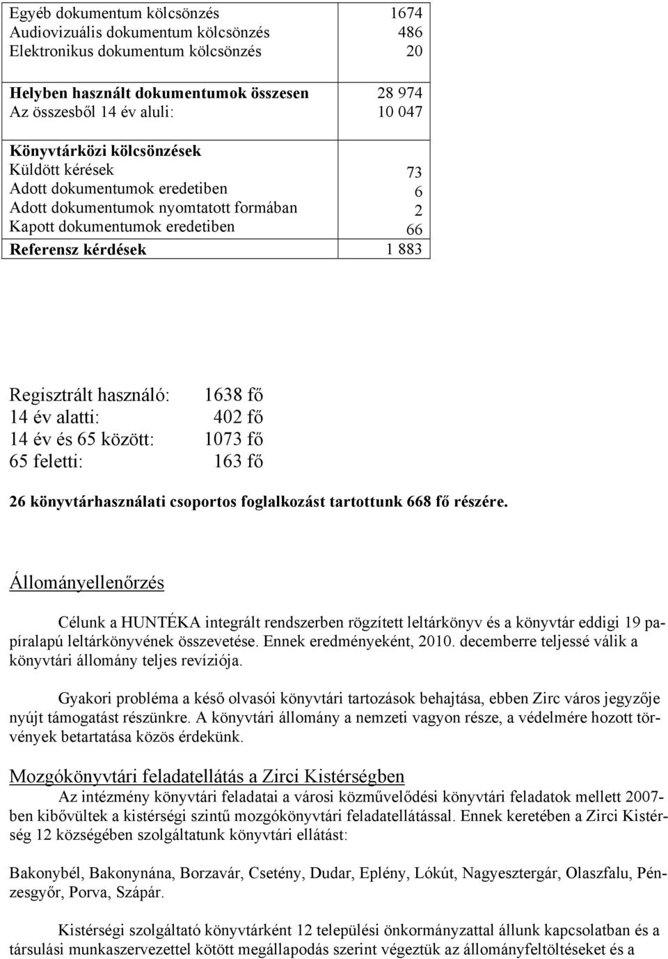 1638 fő 14 év alatti: 402 fő 14 év és 65 között: 1073 fő 65 feletti: 163 fő 26 könyvtárhasználati csoportos foglalkozást tartottunk 668 fő részére.