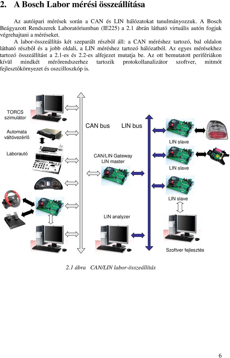 A labor-összeállítás két szeparált részbıl áll: a CAN méréshez tartozó, bal oldalon látható részbıl és a jobb oldali, a LIN méréshez tartozó hálózatból. Az egyes mérésekhez tartozó összeállítást a 2.