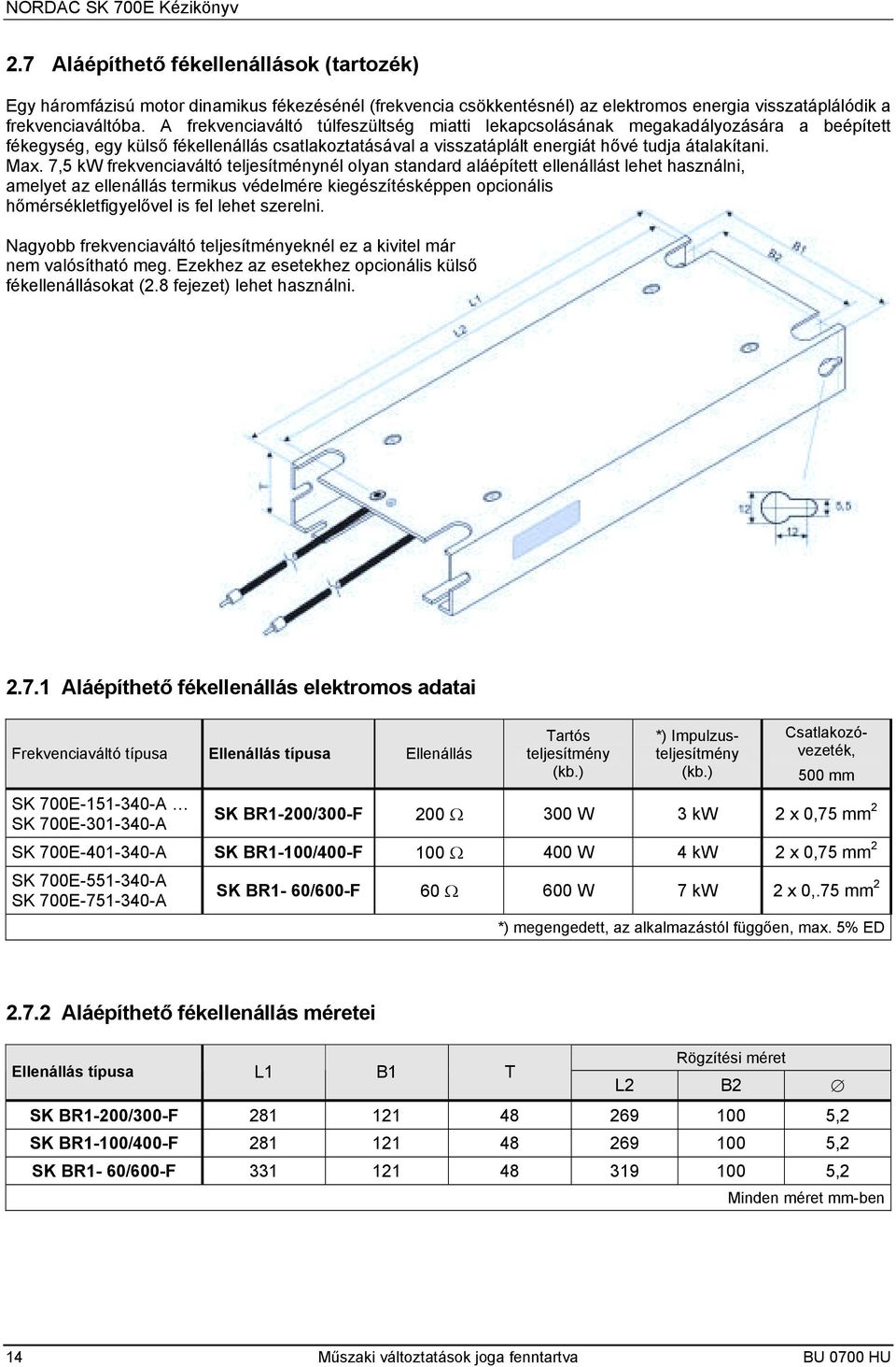 7,5 kw frekvenciaváltó teljesítménynél olyan standard aláépített ellenállást lehet használni, amelyet az ellenállás termikus védelmére kiegészítésképpen opcionális hőmérsékletfigyelővel is fel lehet