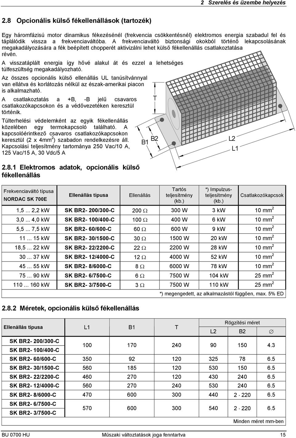 A frekvenciaváltó biztonsági okokból történő lekapcsolásának megakadályozására a fék beépített chopperét aktivizálni lehet külső fékellenállás csatlakoztatása révén.