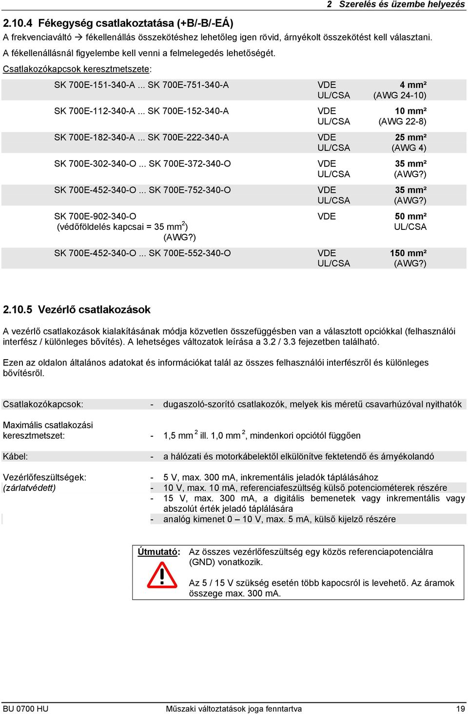 .. SK 700E-152-340-A VDE 10 mm² UL/CSA (AWG 22-8) SK 700E-182-340-A... SK 700E-222-340-A VDE 25 mm² UL/CSA (AWG 4) SK 700E-302-340-O... SK 700E-372-340-O VDE 35 mm² UL/CSA (AWG?) SK 700E-452-340-O.