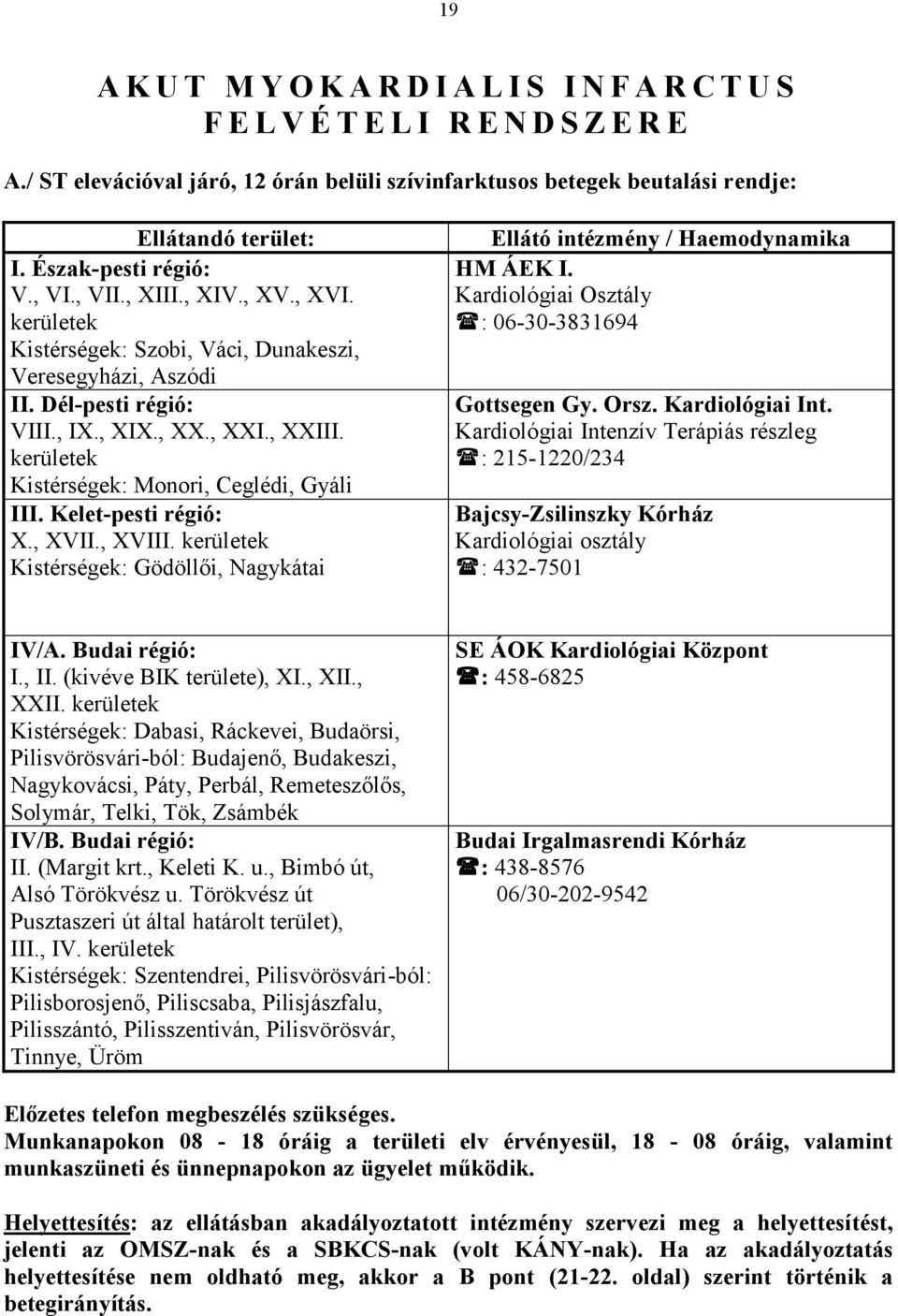 kerületek Kistérségek: Monori, Ceglédi, Gyáli III. Kelet-pesti régió: X., XVII., XVIII. kerületek Kistérségek: Gödöllői, Nagykátai Ellátó intézmény / Haemodynamika HM ÁEK I.