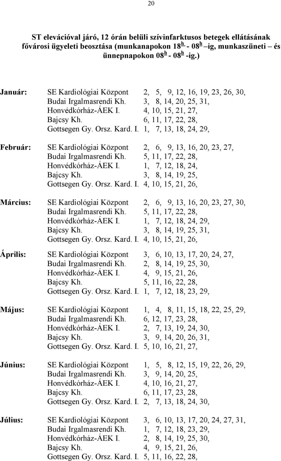 Orsz. Kard. I. 1, 7, 13, 18, 24, 29, Február: SE Kardiológiai Központ 2, 6, 9, 13, 16, 20, 23, 27, Budai Irgalmasrendi Kh. 5, 11, 17, 22, 28, Honvédkórház-ÁEK I. 1, 7, 12, 18, 24, Bajcsy Kh.