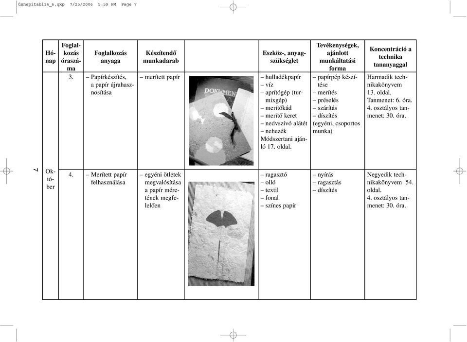nehezék Módszertani ajánló 17. oldal. papírpép merítés préselés szárítás díszítés (egyéni, csoportos munka) a technika 13. oldal. Tanmenet: 6.