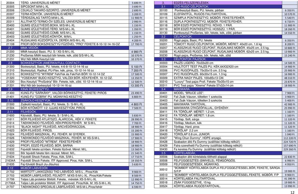 COMB. M/S-M-L-XL 1150 Ft 20403 GUMIS IZÜLETVÉDŐ.KÖNYÖK. M/M-L 1250 Ft 20404 RUGALMAS KÜZDŐPÓLYA, DERÉK.M/S-M-L-XL 4200 Ft 21108 PROFI BŐR BOKSZKESZTYŰ FŰZŐVEL "PRO" FEKETE 8-10-12-14-16-OZ 17700 Ft 2.