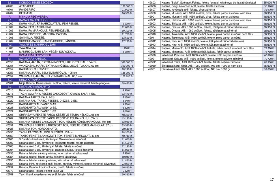 KANPÓ-HOROG, LÁNCCAL. 17280 Ft 7.2 YAWAR ÉS MANRIKIGUSARI 41400 YAWARA, FA. 590 Ft 41405 MANRIKIGUSARI. LÁN, VÉGÉN SÚLYOKKAL. 2650 Ft 8. SZAMURÁJ FEGYVEREK. 8.1 SZAMURÁJ KARDOK.