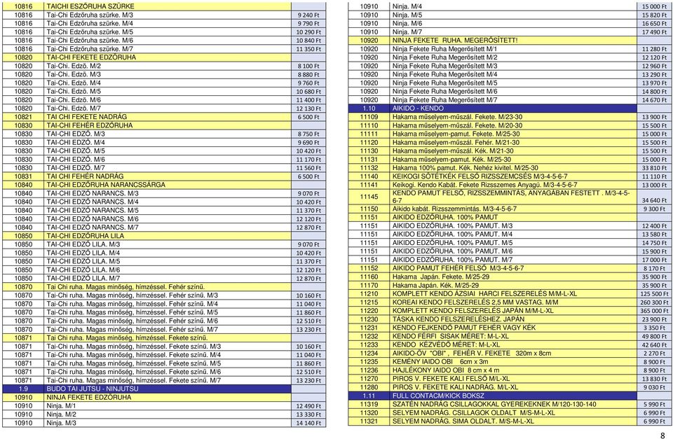 Edzö. M/5 10680 Ft 10820 Tai-Chi. Edzö. M/6 11400 Ft 10820 Tai-Chi. Edzö. M/7 12130 Ft 10821 TAI CHI FEKETE NADRÁG 6500 Ft 10830 TAI-CHI FEHÉR EDZŐRUHA 10830 TAI-CHI EDZŐ.
