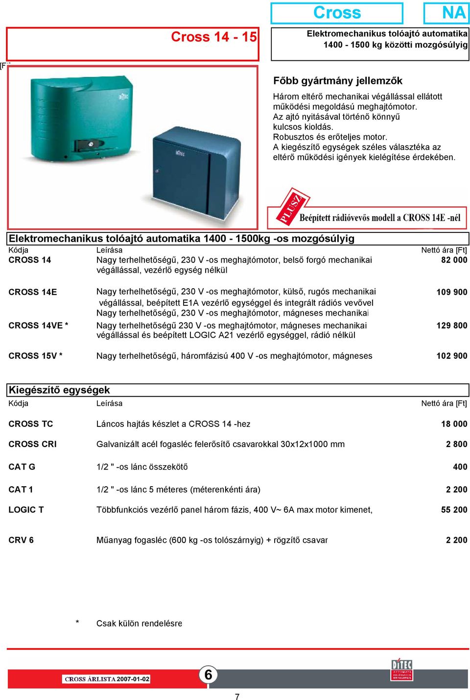 Elektromechanikus tolóajtó automatika 1400-1500kg -os mozgósúlyig CROSS 14 Nagy terhelhetőségű, 230 V -os meghajtómotor, belső forgó mechanikai 490 82 000 végállással, vezérlő egység nélkül CROSS 14E