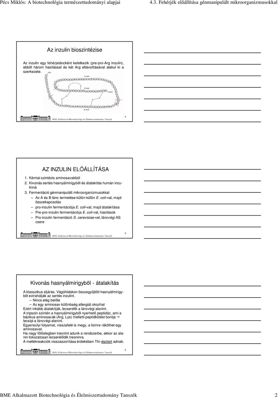 coli-val, majd összekapcsolás pro-inzulin fermentációja E. coli-val, majd átalakítása Pre-pro-inzulin fermentációja E. coli-val, hasítások Pro-inzulin fermentáció S.