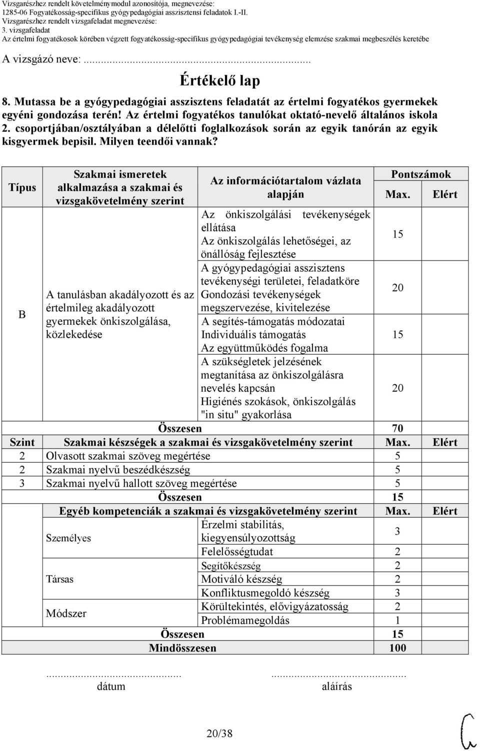 Típus B Szakmai ismeretek alkalmazása a szakmai és vizsgakövetelmény szerint gyermekek önkiszolgálása, közlekedése Az információtartalom vázlata alapján Az önkiszolgálási tevékenységek ellátása Az