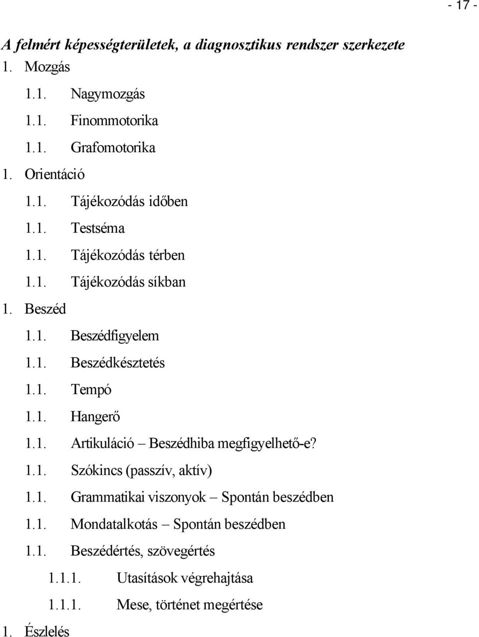 1. Tempó 1.1. Hangerő 1.1. Artikuláció Beszédhiba megfigyelhető-e? 1.1. Szókincs (passzív, aktív) 1.1. Grammatikai viszonyok Spontán beszédben 1.