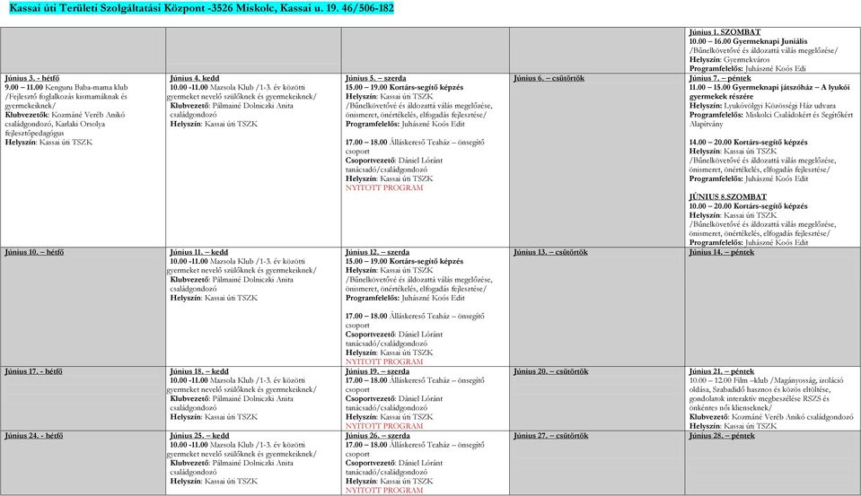 00-11.00 Mazsola Klub /1-3. év közötti gyermeket nevelő szülőknek és gyermekeiknek/ Klubvezető: Pálmainé Dolniczki Anita családgondozó Június 11. kedd 10.00-11.00 Mazsola Klub /1-3. év közötti gyermeket nevelő szülőknek és gyermekeiknek/ Klubvezető: Pálmainé Dolniczki Anita családgondozó Június 5.