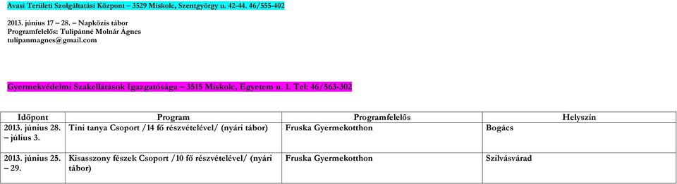 com Gyermekvédelmi Szakellátások Igazgatósága 3515 Miskolc, Egyetem u. 1.