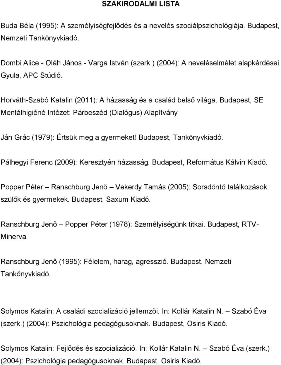 Budapest, SE Mentálhigiéné Intézet: Párbeszéd (Dialógus) Alapítvány Ján Grác (1979): Értsük meg a gyermeket! Budapest, Tankönyvkiadó. Pálhegyi Ferenc (2009): Keresztyén házasság.