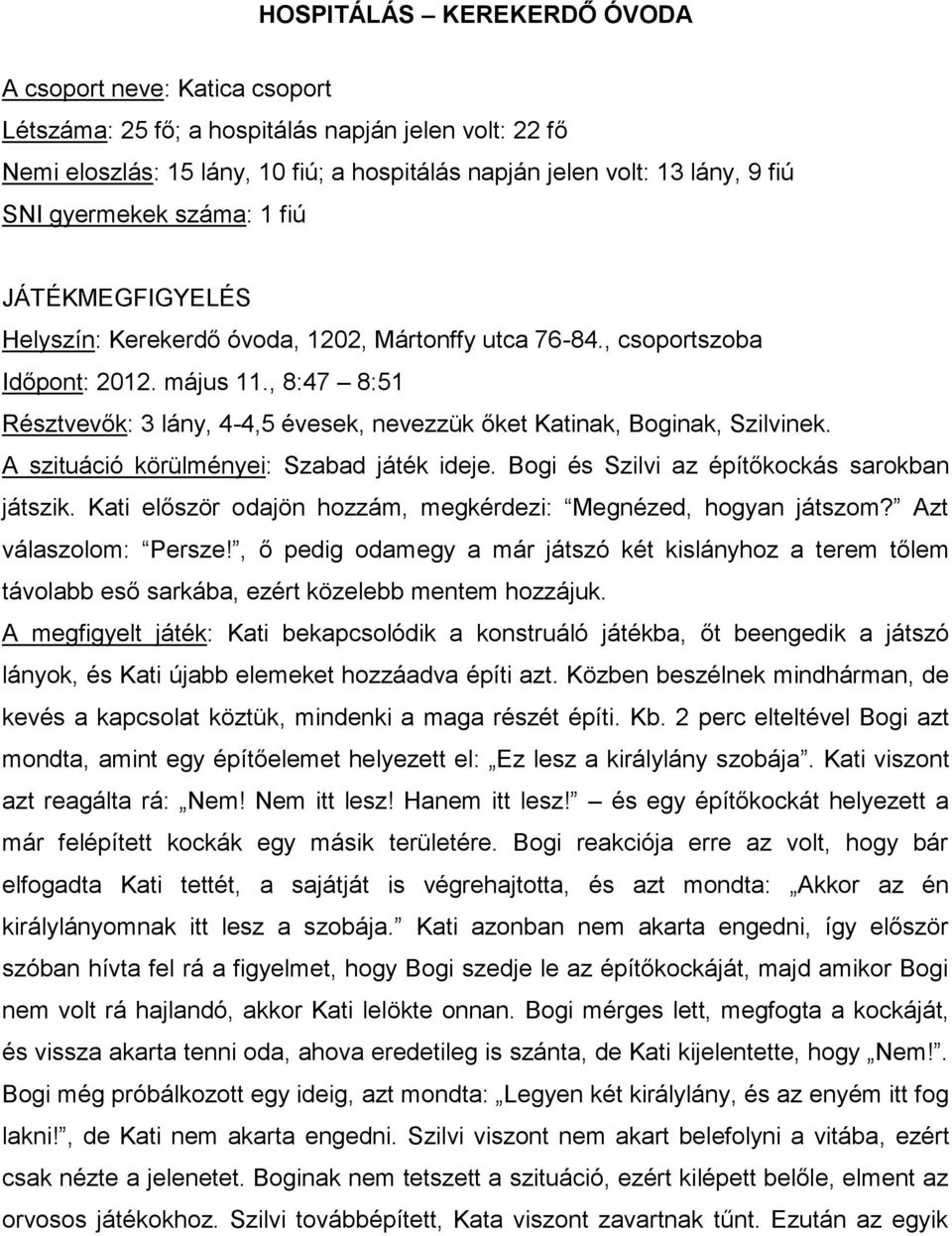 , 8:47 8:51 Résztvevők: 3 lány, 4-4,5 évesek, nevezzük őket Katinak, Boginak, Szilvinek. A szituáció körülményei: Szabad játék ideje. Bogi és Szilvi az építőkockás sarokban játszik.