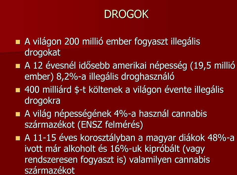 világ népességének 4%-a használ cannabis származékot (ENSZ felmérés) A 11-15 éves korosztályban a magyar