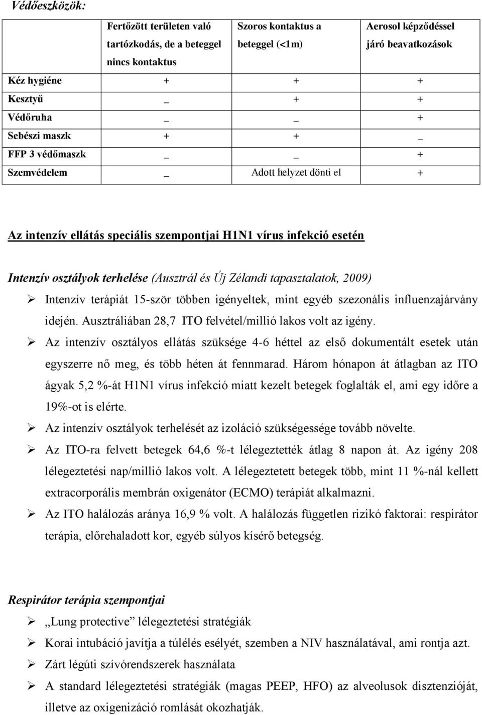 tapasztalatok, 2009) Intenzív terápiát 15-ször többen igényeltek, mint egyéb szezonális influenzajárvány idején. Ausztráliában 28,7 ITO felvétel/millió lakos volt az igény.