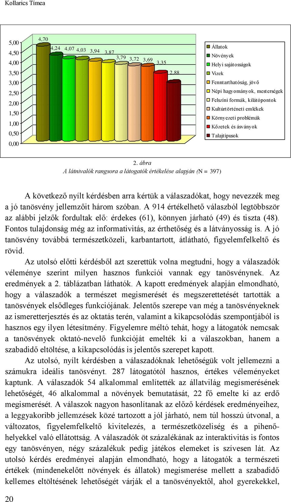 ábra A látnivalók rangsora a látogatók értékelése alapján (N = 397) A következő nyílt kérdésben arra kértük a válaszadókat, hogy nevezzék meg a jó tanösvény jellemzőit három szóban.