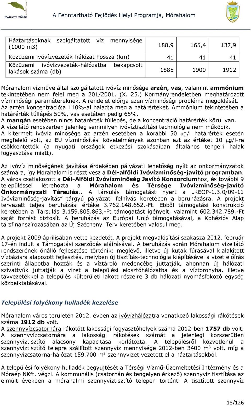 A rendelet előírja ezen vízminőségi probléma megoldását. Az arzén koncentrációja 110%-al haladja meg a határértéket. Ammónium tekintetében a határérték túllépés 50%, vas esetében pedig 65%.