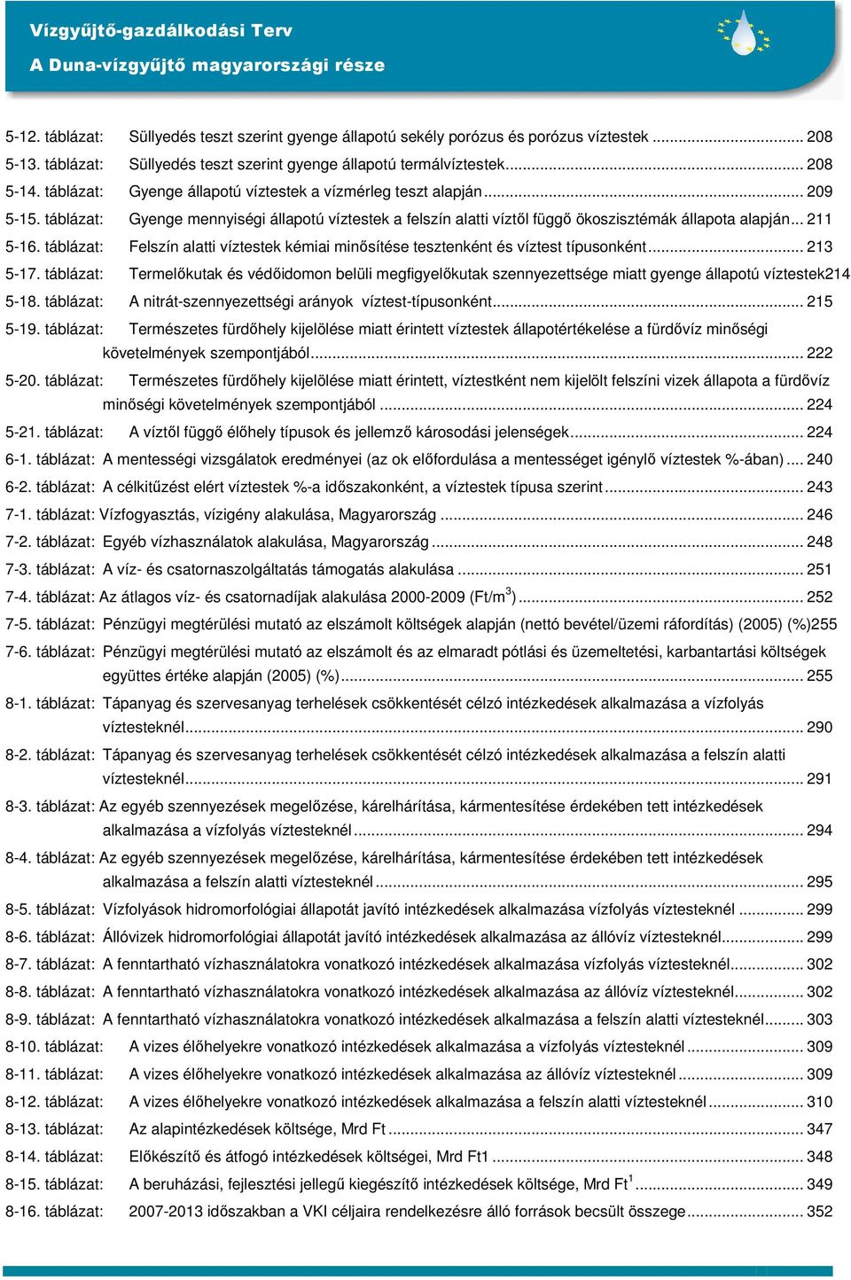 táblázat: Felszín alatti víztestek kémiai minısítése tesztenként és víztest típusonként... 213 5-17.