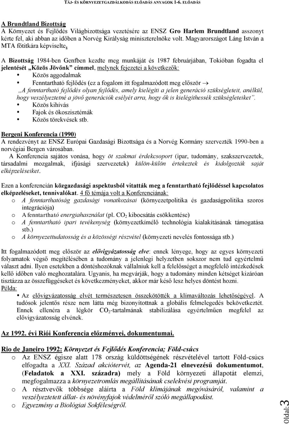 A Bizottság 1984-ben Genfben kezdte meg munkáját és 1987 februárjában, Tokióban fogadta el jelentését Közös Jövőnk címmel, melynek fejezetei a következők: Közös aggodalmak Fenntartható fejlődés (ez a