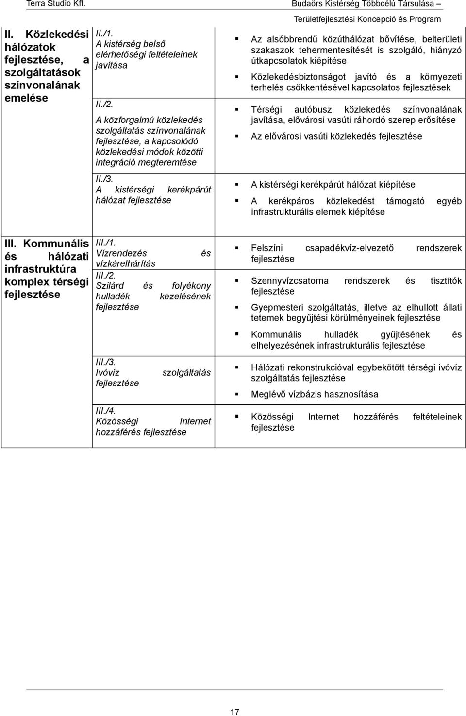 tehermentesítését is szolgáló, hiányzó útkapcsolatok kiépítése Közlekedésbiztonságot javító és a környezeti terhelés csökkentésével kapcsolatos fejlesztések Térségi autóbusz közlekedés színvonalának