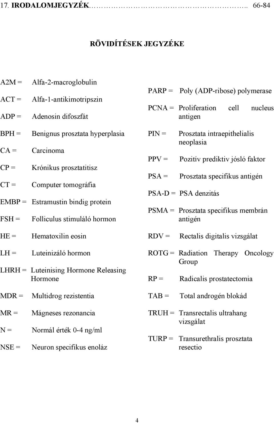 Computer tomográfia EMBP = Estramustin bindig protein FSH = Folliculus stimuláló hormon PARP = Poly (ADP-ribose) polymerase PCNA = Proliferation cell nucleus antigen PIN = PPV = PSA = Prosztata