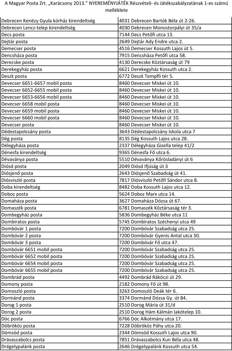 Derecske posta 4130 Derecske Köztársaság út 79 Derekegyház posta 6621 Derekegyház Kossuth utca 2. Deszk posta 6772 Deszk Tempfli tér 5. Devecser 6651-6657 mobil posta 8460 Devecser Miskei út 10.