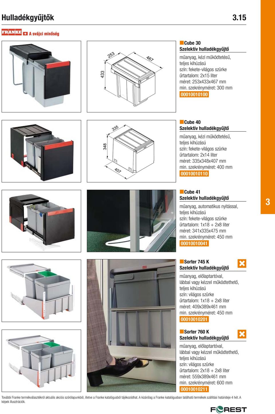 szekrényméret: 400 mm 00010010110 Cube 41 Szelektív hulladékgyűjtő műanyag, automatikus nyitással, teljes kihúzású szín: fekete-világos szürke űrtartalom: 1x18 + 2x8 liter méret: 41x5x475 mm min.