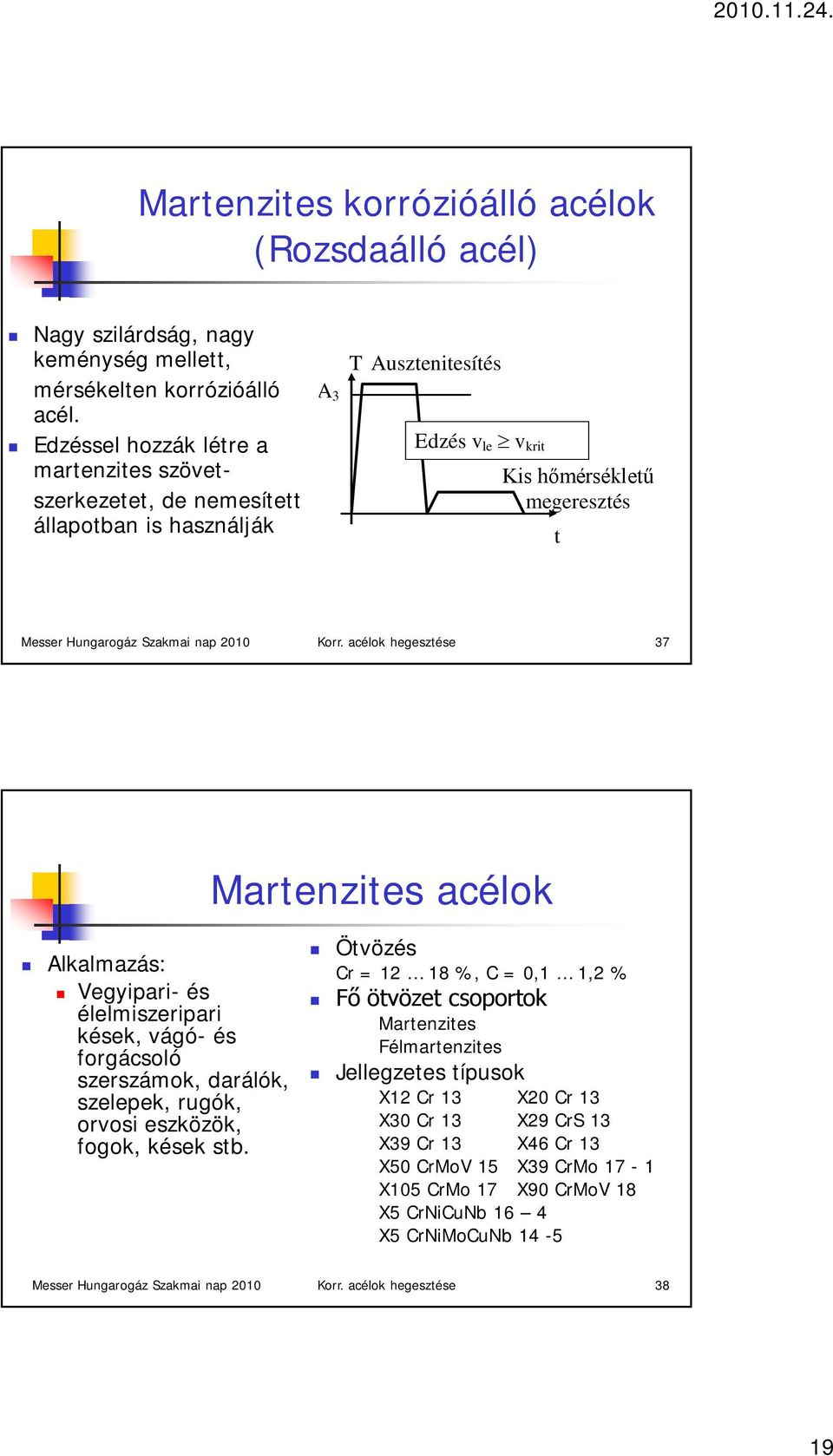 2010 Korr. acélok hegesztése 37 Martenzites acélok Alkalmazás: Vegyipari- és élelmiszeripari kések, vágó- és forgácsoló szerszámok, darálók, szelepek, rugók, orvosi eszközök, fogok, kések stb.