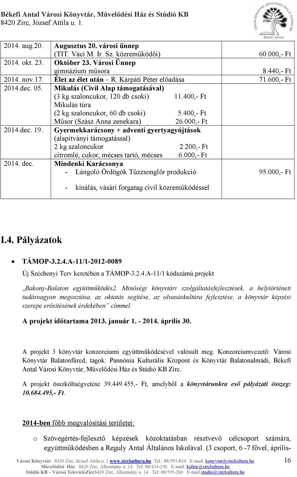 400,- Ft Műsor (Szász Anna zenekara) 26.000,- Ft 2014.dec. 19. Gyermekkarácsony + adventi gyertyagyújtások (alapítványi támogatással) 2 kg szaloncukor 2.